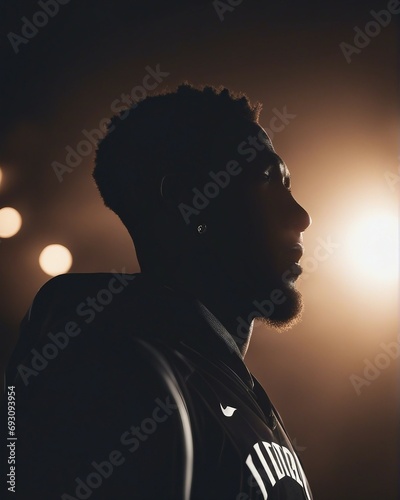 Silhouette of an NBA star. The background is dark and the spotlight is on