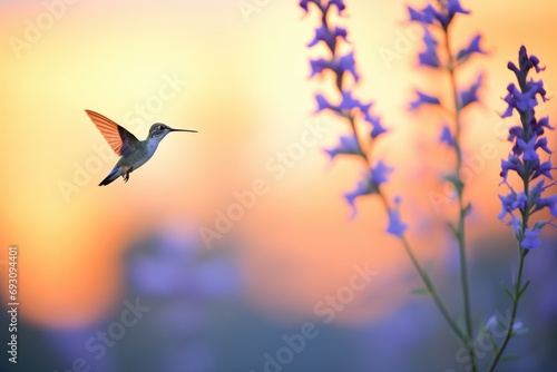 silhouette of a hummingbird against a sunset, near a lavender bush