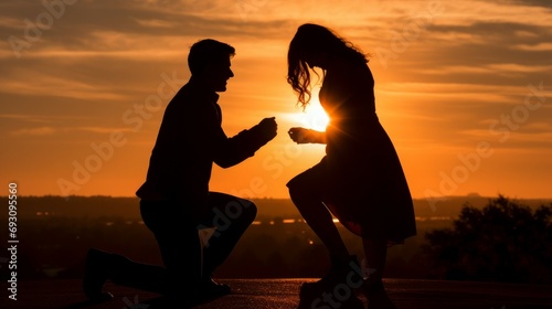 Silhouette of Happy Young Couple Hugging Outside at Sunset, proposing