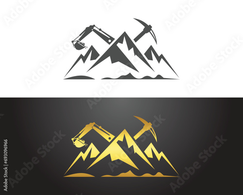 Excavator and mountain mining logo design vector template illustration.