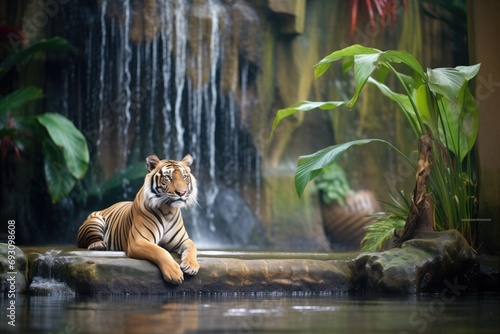 sumatran tiger resting by a serene jungle waterfall