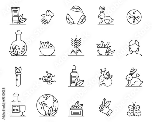 Organic cosmetics icons. No animal tested, natural icons vector set. Eco friendly cruelty free line badges for beauty products