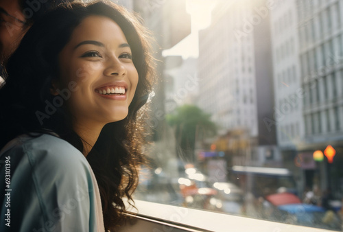 Asian beauty, A young woman with black curly hair smiles confidently, capturing the essence of joy and elegance Generative AI.