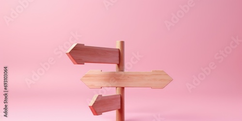 Wooden location sign isolated on pink background, direction board, wooden sign board, Generative AI
