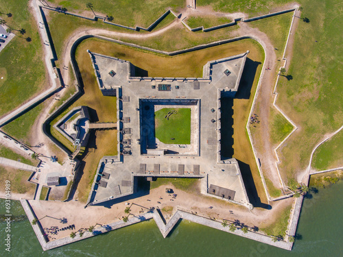 Castillo de San Marcos aerial view in St. Augustine, Florida FL, USA. This fort is the oldest and largest masonry fort in Continental United States and now is the US National Monument.