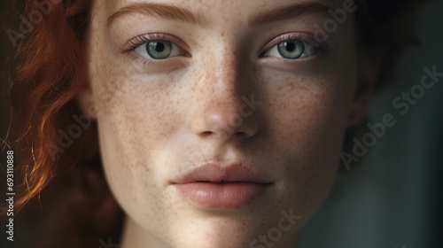 Beauty, portrait and natural face of woman with healthy freckle skin texture touch. Aesthetic, facial and skincare cosmetic model girl touching cheeks for self love and wellness, generative ai