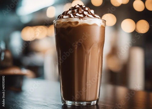 iced mocha latte on cozy coffee table, blurry background with lights 