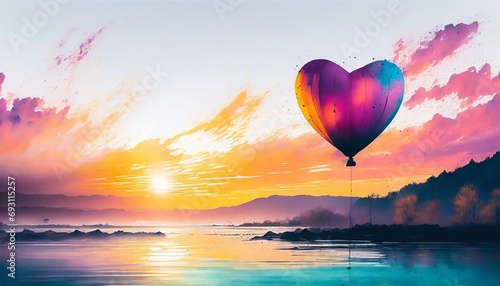 Kolorowy balon unoszący się nad wodą na tle nieba i zachodzącego słońca. Motyw miłości, walentynek