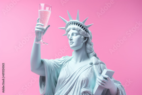 White sculpture of the statue of liberty with a champagne glass in hand on a pink background.