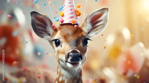Happy cute animal friendly deer wearing a party hat celebrating at a fancy newyear or birthday party festive celebration greeting with bokeh light and paper shoot confetti surround happy lifestyle