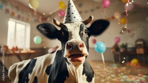 Happy cute animal friendly cow wearing a party hat celebrating at a fancy newyear or birthday party festive celebration greeting with bokeh light and paper shoot confetti surround happy lifestyle