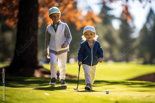 Young Siblings Playing Golf on a Sunny Autumn Day 