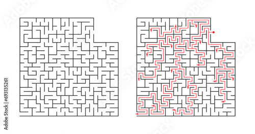 Vector illustration. Template for an educational logical game labyrinth for children with a solution. Find the right path