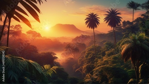 Colorful sunset landscape in the jungle of amazon 