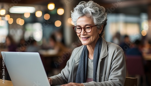 Café Productivity: Old Woman Thrives with Laptop Tasks