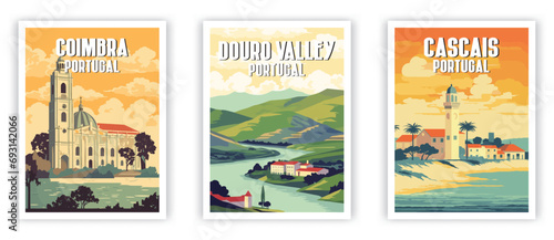 Douro Valley, Coimbra, Cascais Illustration Art. Travel Poster Wall Art. Minimalist Vector art.