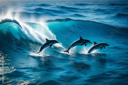 A pod of dolphins dancing playfully in the sparkling waves of the open ocean, their sleek bodies caught in a moment of pure joy.