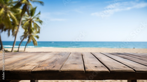 Empty old wooden table with defocused summer beach background, Template, Mock up 