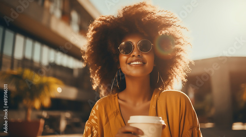 Happy woman drinking coffee holding a cup in the front of her face, bright sunny day