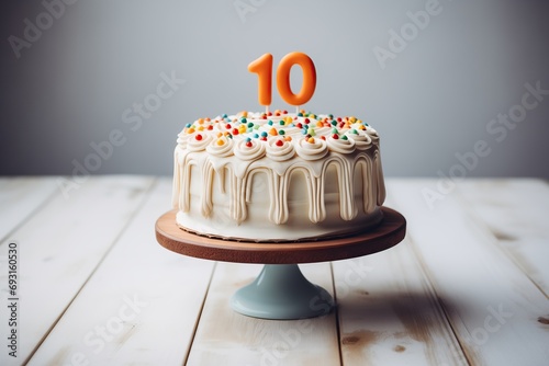 Birthday white cake with colorful confectionery sprinkles decorated with a number ten on a wooden table.