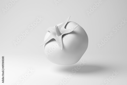 White tomato floating in mid air on white background in monochrome and minimalism. Illustration of the concept of fruits, vegetable and nutrition