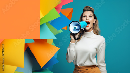 Young woman holding and shouting in megaphone. Colorful trendy background in pop art style pink blue yellow. Sales commercial communication banner with copy space