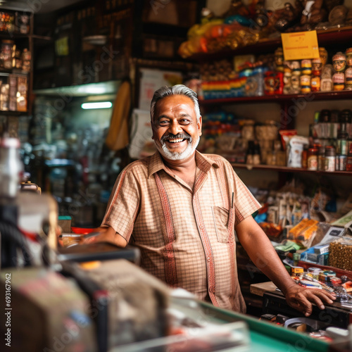 Indian shopkeeper smiling and giving happy expression