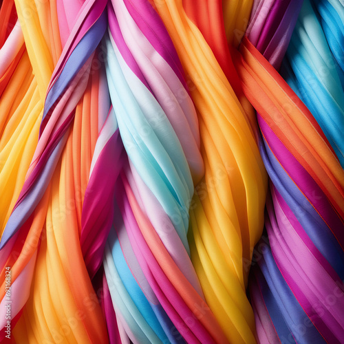twisted colorful ribbons, many layers of colorful textiles, colorful background, fabric weave