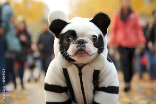 cute boston terrier dresses up as an panda