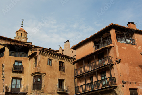 Typical facades with wooden balconies of the medieval and touristic village of Albarracín in Teruel (Spain).