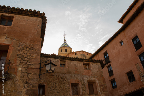 Facades of the old houses of the medieval and touristic village of Albarracín in Teruel (Spain).