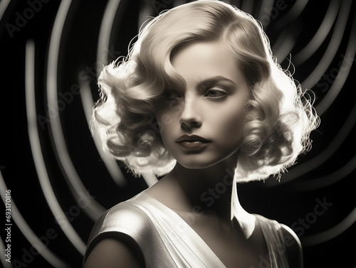 Art Deco starlet portrait, 1930s Hollywood actress vibe, marcel waves hairstyle, dramatic lighting