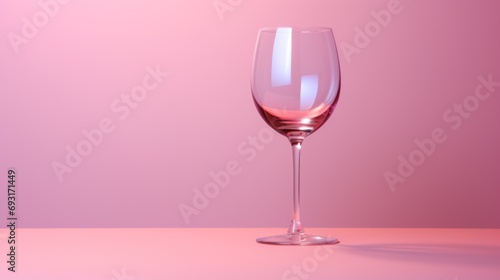  a close up of a wine glass on a table with a pink back ground and a pink wall behind the glass is a half empty wine glass and half empty.
