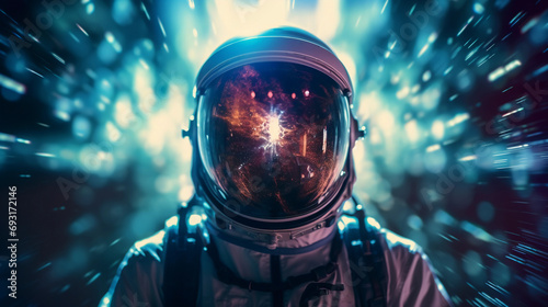 Surreal space traveler portrait, stars and galaxies reflected in the astronaut's visor, ethereal glow