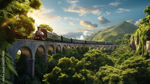  a train traveling over a bridge in the middle of a lush green forest under a blue sky with clouds and sun shining on the top of the mountain and below.