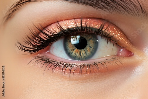 close up of an eye with peach fuzz color glitter eye shadows