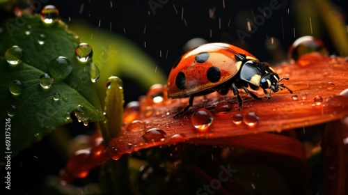  a ladybug sitting on top of a leaf next to a green plant with drops of water on it's leaves and a dark background of green leaves.