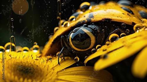  a close up of a yellow flower with drops of water on it and a black and white picture of a yellow flower with drops of water on it and a black background.