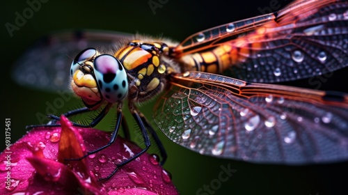  a close up of a dragonfly on a pink flower with drops of water on it's wings and wings, with a dark background of green and pink flowers.