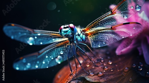  a close up of a dragonfly on a flower with drops of water on it's wings and wings, with a dark background of pink and purple flowers.