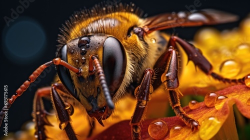  a close up of a bee on a flower with drops of water on it's back legs and head, with a black background of yellow and orange flowers.