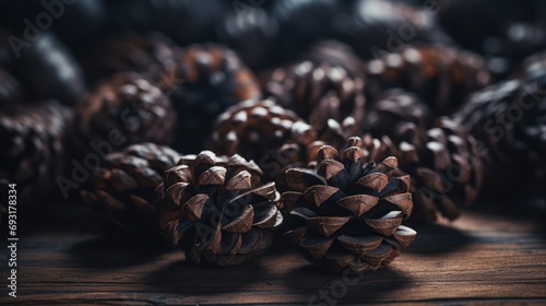  a pile of pine cones sitting on top of a wooden table next to a pile of other pine cones on top of a wooden table next to each other pine cones.