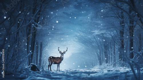 A deer in a snowy forest with a full moon in the background