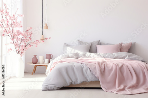 A bedroom with pink bedding. Modern bedroom with spring flowers. Generative AI
