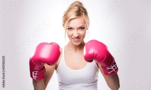 Radiant Woman Empowers with Pink Boxing Gloves in Energetic Fitness Punch on a White Background