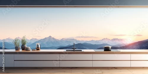 Wooden kitchen with panoramic window, minimalist white and blue design, sunset/sunrise panorama.