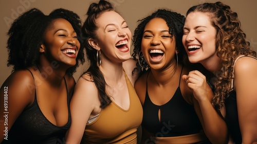 close up photo of Happy, body positive diverse women in studio with perfect skincare and glowing skin wearing lingerie on beige background