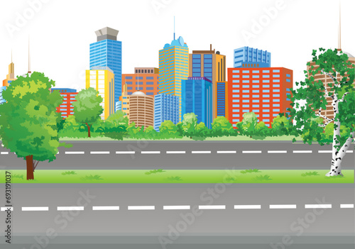 Vector illustration representing the main street view of a modern city with trees and high buildings.