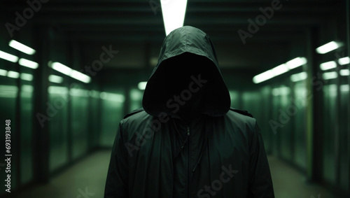 Mystery hacker dark silhouette. Anonymous person in hood stand in dark room. Incognito criminal character. Hooded bad man, generated by AI