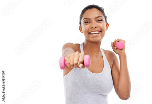 Fitness, excited woman and dumbbell in studio for health, exercise and workout or gym power. Portrait, bodybuilder or sports person in training and strong or muscle wellness on a a white background
